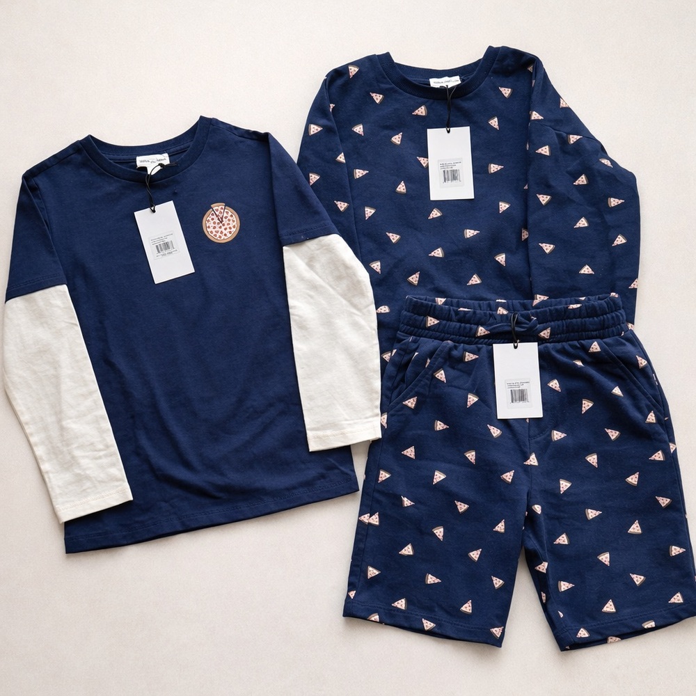 Miles the Label BOYS Size 7 Pizza Set Bundle Sweatshirt Shorts Shirt NWT